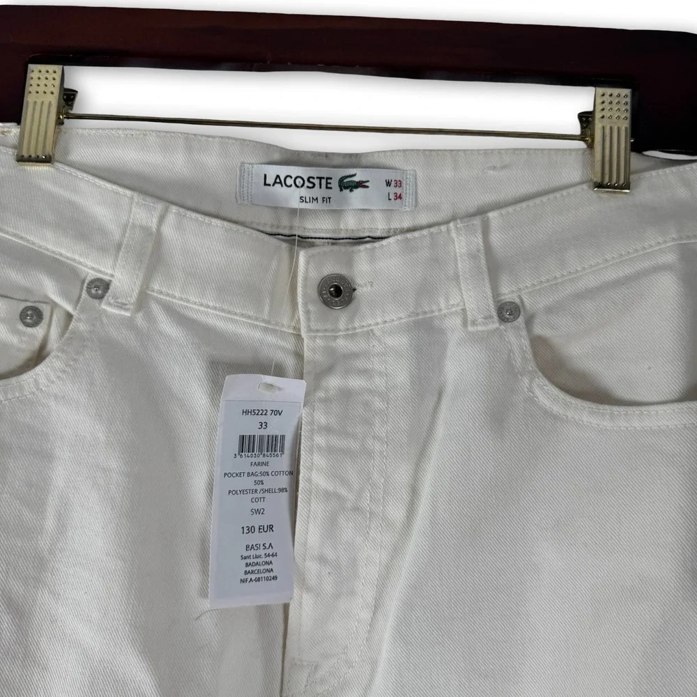 New Lacost Mens Off White Farine Denim Jeans Slim Fit Pants Sz 33